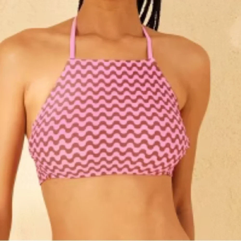 Wild Fable Halter Bikini Swim Top Womens Small Pink Brown Waves Stretchy NWT